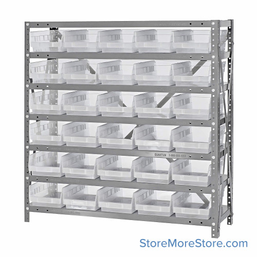 Bin Storage Shelves, 12" D x 39" H, 7 Shelves, 30 Bins, Clear