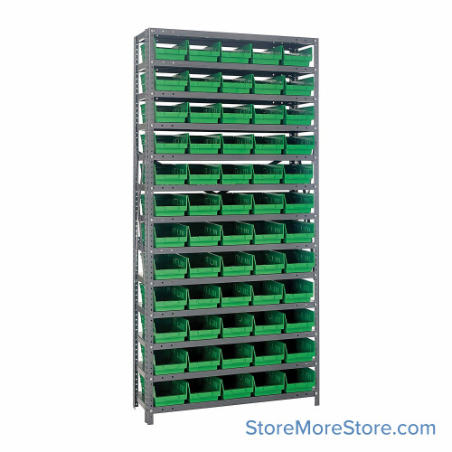 Bin Storage Shelves, 18" D x 75" H, 13 Shelves, 60 Bins, Green