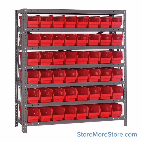 Bin Storage Shelves, 12" D x 39" H, 7 Shelves, 48 Bins, Red