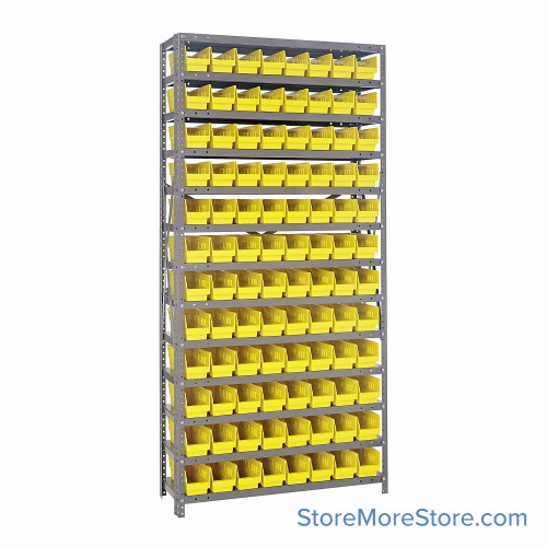 Bin Storage Shelves, 18" D x 75" H, 13 Shelves, 96 Bins, Yellow