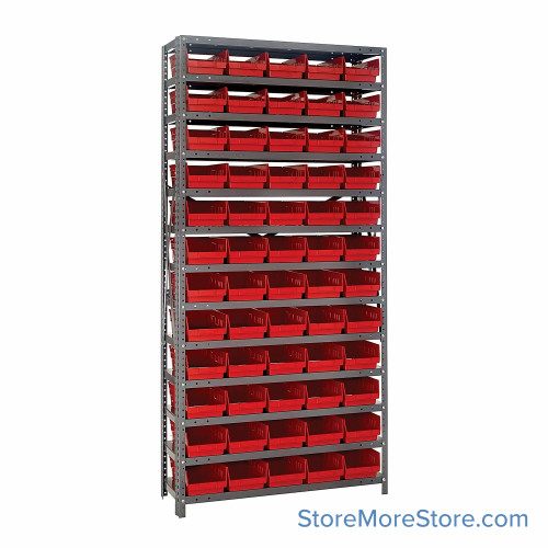 Bin Storage Shelves, 18" D x 75" H, 13 Shelves, 60 Bins, Red