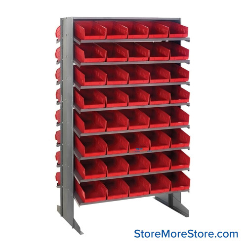 Storage Shelves with Bins, 36" D, Double Sided, 6.625"Wx17.875"Dx4"H Bin Dimensions, Red, Without Casters