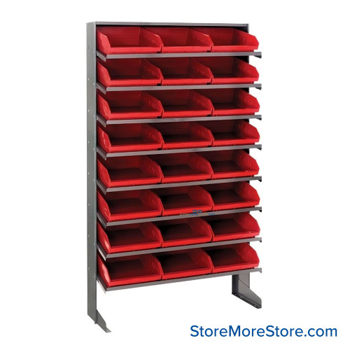 Storage Shelves with Bins, 12" D, Single-Sided, 11.125"Wx11.625"Dx4"H Bin Dimensions, Red, Without Casters