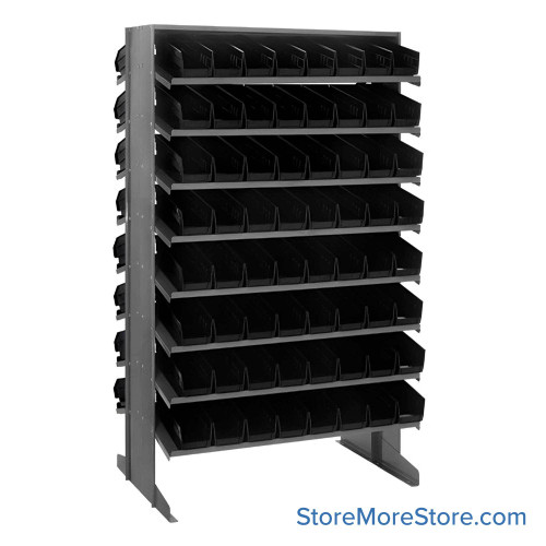 Storage Shelves with Bins, 24" D, Double Sided, 4.125"Wx11.625"Dx4"H Bin Dimensions, Black, Without Casters