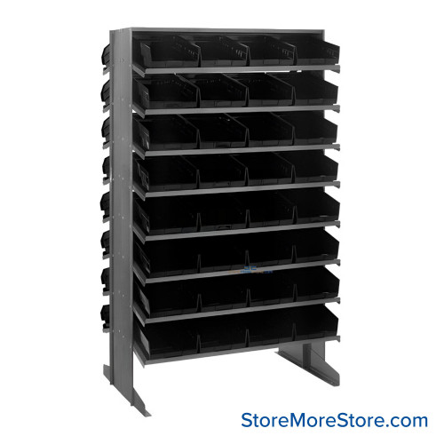 Storage Shelves with Bins, 24" D, Double Sided, 8.375"Wx11.625"Dx4"H Bin Dimensions, Black, Without Casters