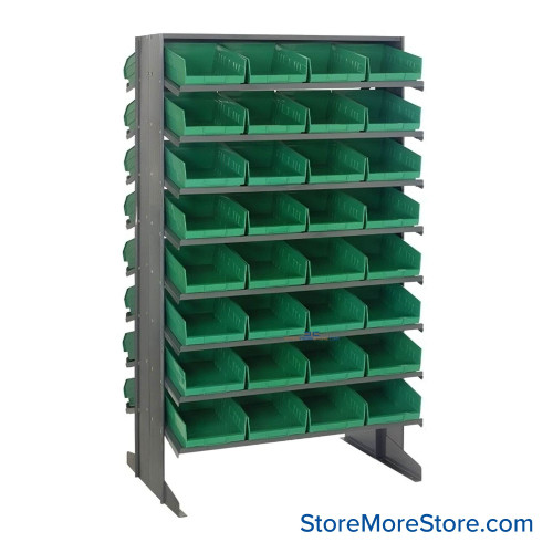 Storage Shelves with Bins, 36" D, Double Sided, 8.375"Wx17.875"Dx4"H Bin Dimensions, Green, Without Casters