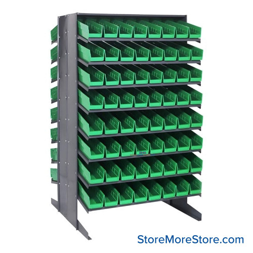 Storage Shelves with Bins, 36" D, Double Sided, 4.125"Wx17.875"Dx4"H Bin Dimensions, Green, Without Casters