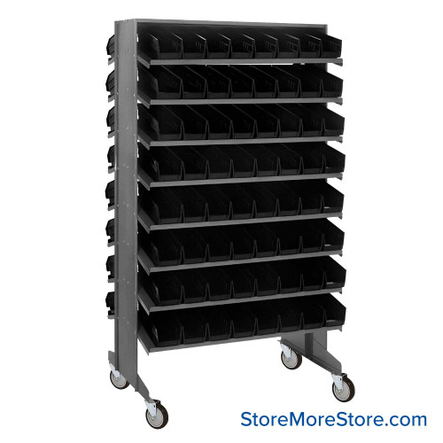 Storage Shelves with Bins, 24" D, Double Sided, 4.125"Wx11.625"Dx4"H Bin Dimensions, Black, Includes Casters