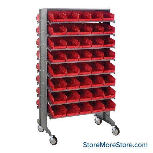 Storage Shelves with Bins, 24" D, Double Sided, 6.625"Wx11.625"Dx4"H Bin Dimensions, Red, Includes Casters