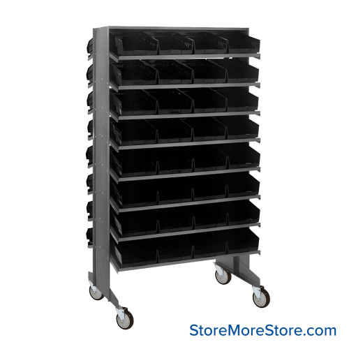 Storage Shelves with Bins, 24" D, Double Sided, 8.375"Wx11.625"Dx4"H Bin Dimensions, Black, Includes Casters