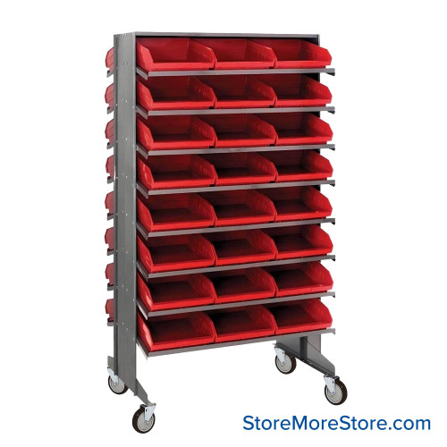 Storage Shelves with Bins, 36" D, Double Sided, 11.125"Wx17.875"Dx4"H Bin Dimensions, Red, Includes Casters