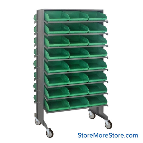 Storage Shelves with Bins, 24" D, Double Sided, 11.125"Wx11.625"Dx4"H Bin Dimensions, Green, Includes Casters