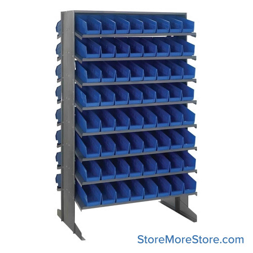 Storage Shelves with Bins, 24" D, Double Sided, 4.125"Wx11.625"Dx4"H Bin Dimensions, Blue, Without Casters