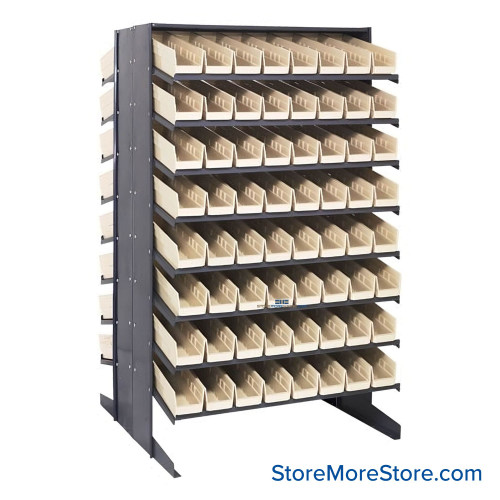 Storage Shelves with Bins, 36" D, Double Sided, 4.125"Wx17.875"Dx4"H Bin Dimensions, Ivory, Without Casters