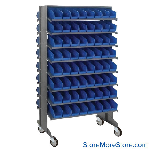 Storage Shelves with Bins, 24" D, Double Sided, 4.125"Wx11.625"Dx4"H Bin Dimensions, Blue, Includes Casters
