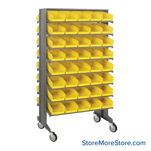 Storage Shelves with Bins, 24" D, Double Sided, 6.625"Wx11.625"Dx4"H Bin Dimensions, Yellow, Includes Casters