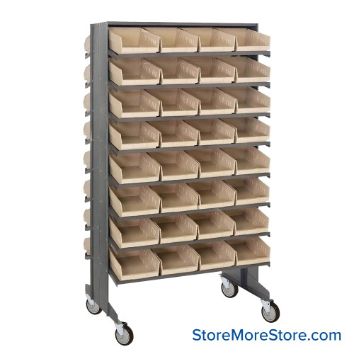 Storage Shelves with Bins, 36" D, Double Sided, 8.375"Wx17.875"Dx4"H Bin Dimensions, Ivory, Includes Casters