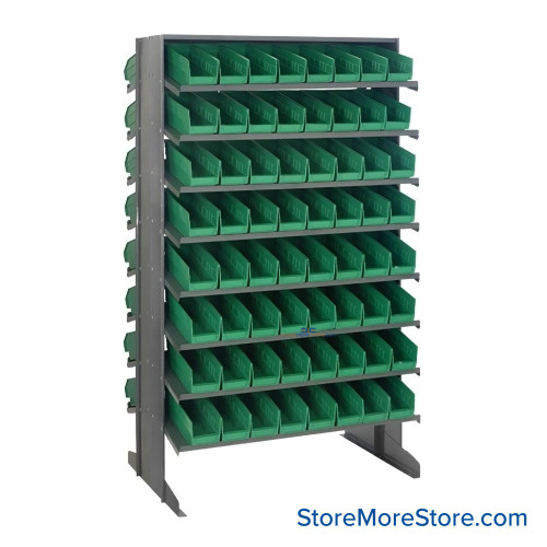 Storage Shelves with Bins, 24" D, Double Sided, 4.125"Wx11.625"Dx4"H Bin Dimensions, Green, Without Casters