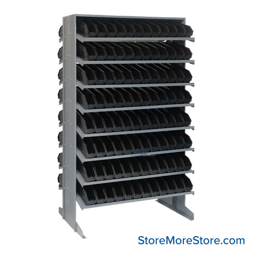 Storage Shelves with Bins, 24" D, Double Sided, 2.75"Wx11.625"Dx4"H Bin Dimensions, Black, Without Casters