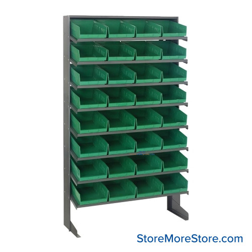 Storage Shelves with Bins, 18" D, Single-Sided, 8.375"Wx17.875"Dx4"H Bin Dimensions, Green, Without Casters