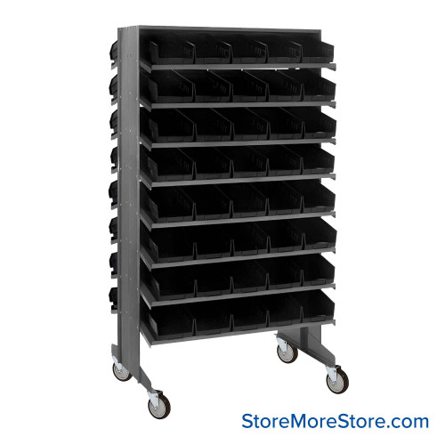 Storage Shelves with Bins, 36" D, Double Sided, 6.625"Wx17.875"Dx4"H Bin Dimensions, Black, Includes Casters
