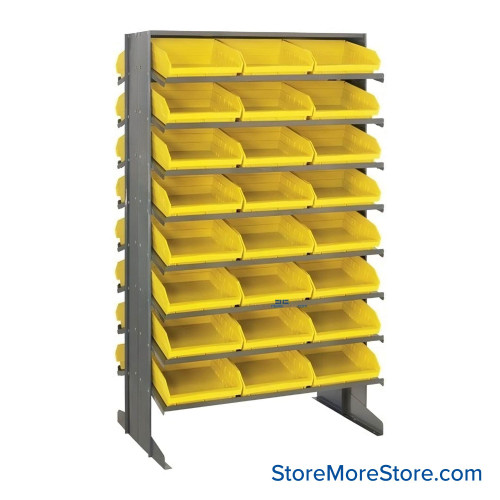 Storage Shelves with Bins, 24" D, Double Sided, 11.125"Wx11.625"Dx4"H Bin Dimensions, Yellow, Without Casters