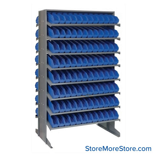 Storage Shelves with Bins, 24" D, Double Sided, 2.75"Wx11.625"Dx4"H Bin Dimensions, Blue, Without Casters
