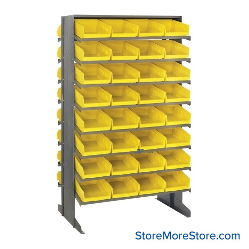 Storage Shelves with Bins, 36" D, Double Sided, 8.375"Wx17.875"Dx4"H Bin Dimensions, Yellow, Without Casters