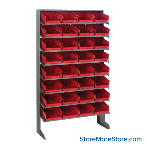 Storage Shelves with Bins, 18" D, Single-Sided, 8.375"Wx17.875"Dx4"H Bin Dimensions, Red, Without Casters