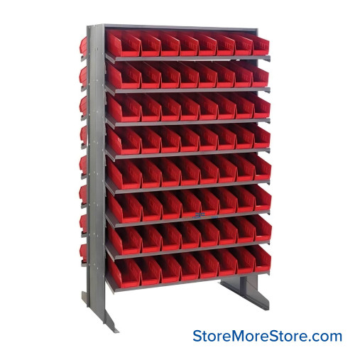 Storage Shelves with Bins, 24" D, Double Sided, 4.125"Wx11.625"Dx4"H Bin Dimensions, Red, Without Casters