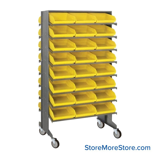 Storage Shelves with Bins, 24" D, Double Sided, 11.125"Wx11.625"Dx4"H Bin Dimensions, Yellow, Includes Casters