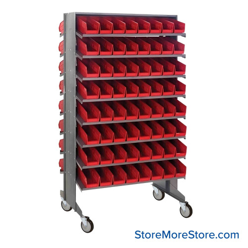 Storage Shelves with Bins, 24" D, Double Sided, 4.125"Wx11.625"Dx4"H Bin Dimensions, Red, Includes Casters