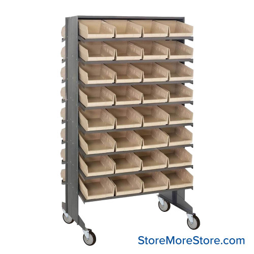 Storage Shelves with Bins, 24" D, Double Sided, 8.375"Wx11.625"Dx4"H Bin Dimensions, Ivory, Includes Casters