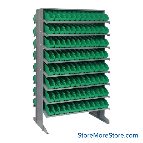 Storage Shelves with Bins, 24" D, Double Sided, 2.75"Wx11.625"Dx4"H Bin Dimensions, Green, Without Casters