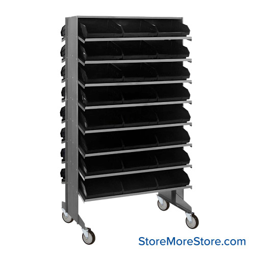 Storage Shelves with Bins, 36" D, Double Sided, 11.125"Wx17.875"Dx4"H Bin Dimensions, Black, Includes Casters