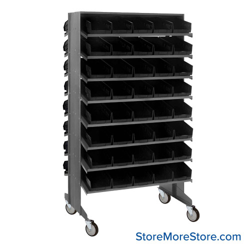 Storage Shelves with Bins, 24" D, Double Sided, 6.625"Wx11.625"Dx4"H Bin Dimensions, Black, Includes Casters