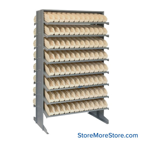 Storage Shelves with Bins, 24" D, Double Sided, 2.75"Wx11.625"Dx4"H Bin Dimensions, Ivory, Without Casters