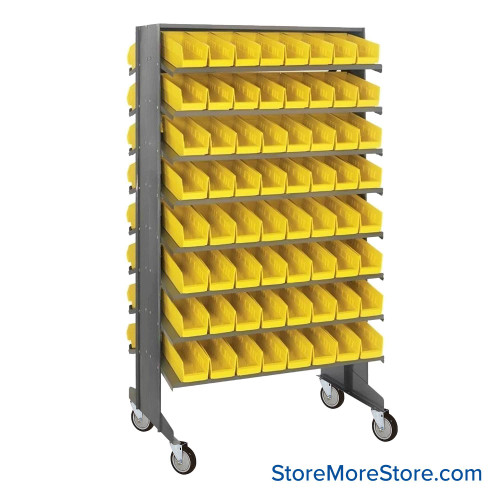 Storage Shelves with Bins, 24" D, Double Sided, 4.125"Wx11.625"Dx4"H Bin Dimensions, Yellow, Includes Casters