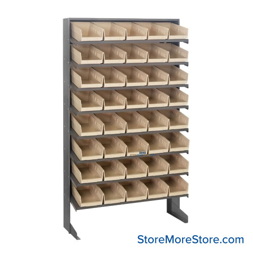 Storage Shelves with Bins, 18" D, Single-Sided, 6.625"Wx17.875"Dx4"H Bin Dimensions, Ivory, Without Casters