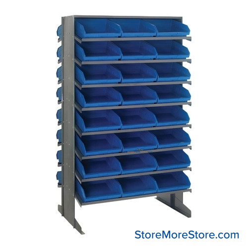 Storage Shelves with Bins, 36" D, Double Sided, 11.125"Wx17.875"Dx4"H Bin Dimensions, Blue, Without Casters