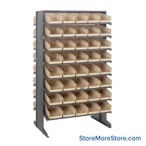 Storage Shelves with Bins, 36" D, Double Sided, 6.625"Wx17.875"Dx4"H Bin Dimensions, Ivory, Without Casters