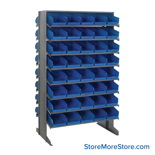 Storage Shelves with Bins, 24" D, Double Sided, 6.625"Wx11.625"Dx4"H Bin Dimensions, Blue, Without Casters