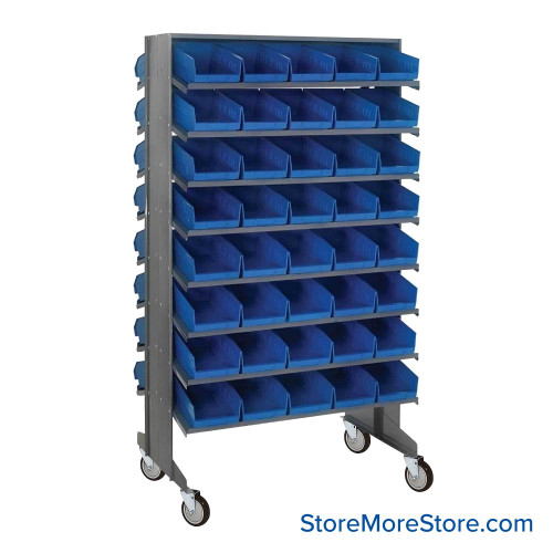 Storage Shelves with Bins, 24" D, Double Sided, 6.625"Wx11.625"Dx4"H Bin Dimensions, Blue, Includes Casters