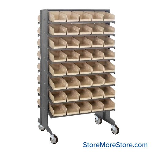 Storage Shelves with Bins, 36" D, Double Sided, 6.625"Wx17.875"Dx4"H Bin Dimensions, Ivory, Includes Casters