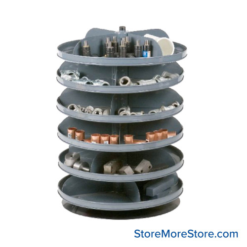 Rotating Hardware Bin, 17" W x 17" D x 25" H, 6 Revolving Shelves, 5 Compartments Per Shelf