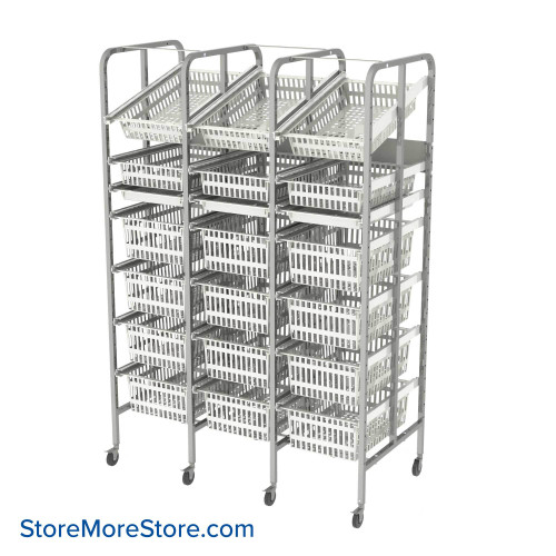 Mobile Basket Rack, 53" W, 3 Columns, 7 Storage Levels Per Column