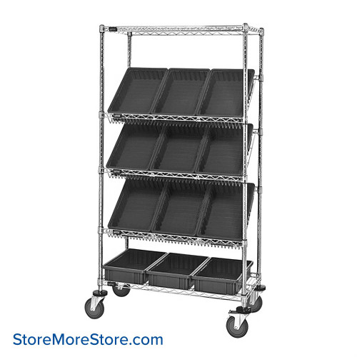 Angled Bin Storage, 36" W x 18" D x 63" H, 12 Bins at 10.875"W x 16.5"D x 4"H, Black, Without Casters