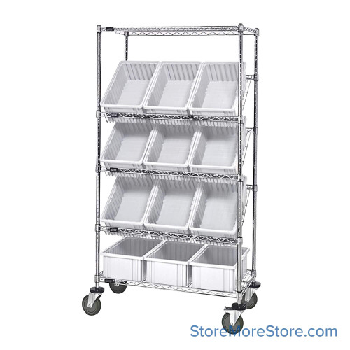 Angled Bin Storage, 36" W x 18" D x 63" H, 12 Bins at 10.875"W x 16.5"D x 6"H, Clear, Includes Casters