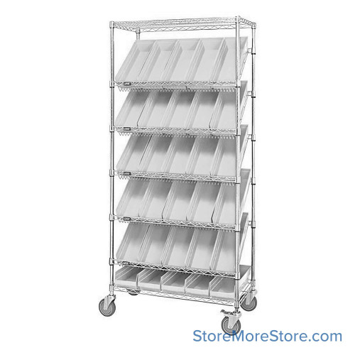 Angled Bin Storage, 36" W x 18" D x 74" H, 18 Bins at 11.125"W x 17.875"D x 4"H, Clear, Includes Casters
