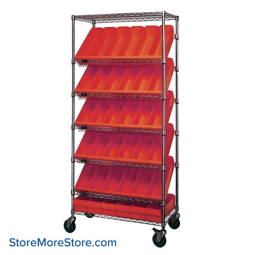 Angled Bin Storage, 36" W x 18" D x 74" H, 48 Bins at 3.75"W x 17.625"D x 5"H, Red, Includes Casters